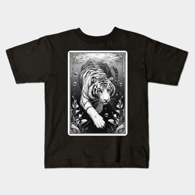 Monochromatic Tiger Diving Underwater Kids T-Shirt by TomFrontierArt